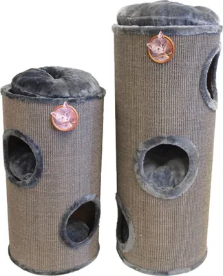 Produktbild von Graues Sisal Kletterfass für Haustiere, 75 cm hoch, mit 2 Eingängen