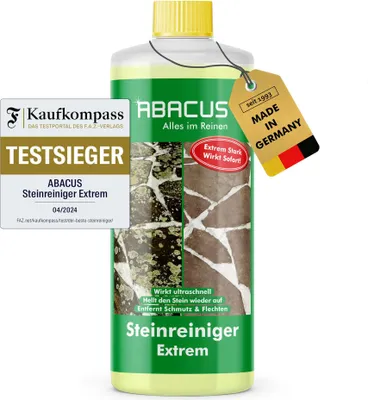 Produktbild von ABACUS® Almo Speed Steinreiniger Extrem, intensiver Steinreiniger für außen mit Sofortwirkung, entfernt sofort Schmutz, Grünbelag, Flechten auf Steinen, Steinreiniger Intensiv außen 1000ml