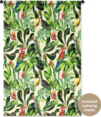 Produktbild von MuchoWow® Wandteppich Wandbehang Blumen - Vogel - Blätter 90x135 cm Tapisserie Dekoration Wandtuch - Baumwolle - Wandskulptur