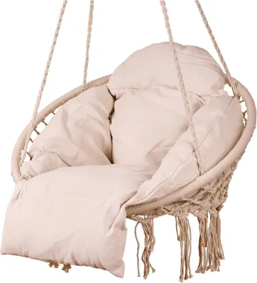 A hanging chair with cushions, isolated on a white background.