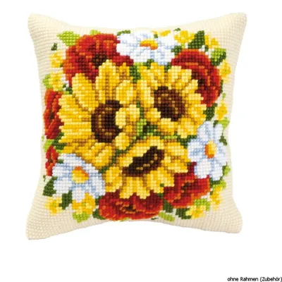 Produktbild von Vervaco Kreuzstich-Kissen "Sonnenblumen mit roten Mohnblumen", besticktes Motiv