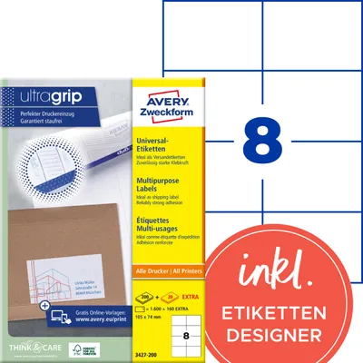 Produktbild von Avery Zweckform 3427-200, Universal-Etiketten, A4, Qualitätsdruck mit: ultragrip, 105 x 74 mm, 1.760 Etiketten / 220 Bögen, weiß