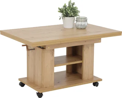 A light brown wooden coffee table with shelves and wheels, shown against a white background.