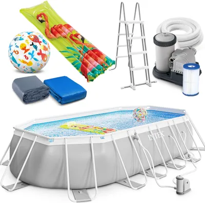 Immagine prodotto di Piscina ovale Intex Prism Frame 610x305x122 cm: set completo con scaletta e pompa, oltre ad accessori extra quali: pallone da spiaggia e materassino gonfiabile