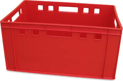 A red plastic crate is shown against a white background.