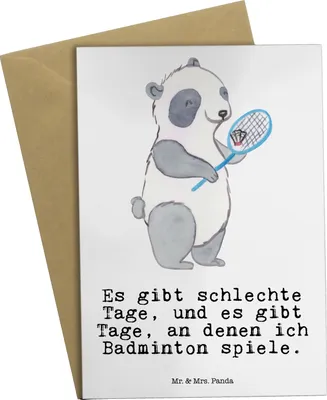 Produktbild von Mr. & Mrs. Panda Grußkarte Panda Badminton  - Weiß - Geschenk, spielen, osterkarte, babykarte, einladungskarten, hochzeitskarten, weihnachtskarten