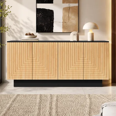 Productafbeelding van Merax dressoir met 4 deuren en een front zonder handgrepen, commode met een gestructureerde, lijnachtige uitstraling, woonkamerkast met opbergruimte, legplanken, natuurlijke uitstraling