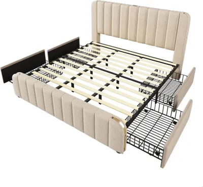 Produktbild von Flieks Polsterbett 180x200cm mit Ladefunktion (USB, Typ-C), Doppelbett Stauraumbett mit 4 Schubladen, Jugendbett Funktionsbett, Leinen, Beige