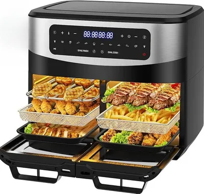 Imagen del producto de Freidora de aire de doble zona de 12 litros - 2600W, freidora de aire caliente con separador extraíble, freidora de aire caliente XXL de doble cámara, 10 funciones, doble ventana de visualización, 50–200°C, juego de accesorios, recetas