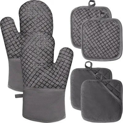 Produktbild von Set mit 4 Ofenhandschuhen und Topflappen, hitzebeständig bis 260 °C, dicke Baumwolle mit Silikonoberfläche, zum Kochen und Grillen, grau
