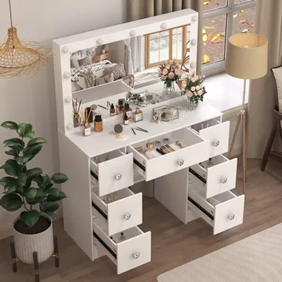 Obrázek produktu pro Toaletní stolek s LED zrcadlem - 100x40x140 cm - Moderní nábytek do ložnice s 7 zásuvkami, vyrobený z bílé MDF