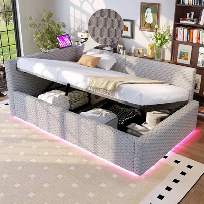 Produktbild von MODFU Polsterbett Einzelbett 90x200 mit LED-Beleuchtung Schlafsofa mit ape-C und USB-Anschlüssen Hydraulischem Bettgestell mit Stauraum Funktionsbett mit L-förmiger weicher Rückenlehne ohne Matratze Grau