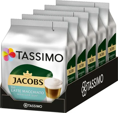 A multi-pack of Tassimo Latte Macchiato coffee pods displayed in a retail cardboard holder.