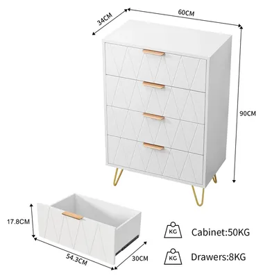 Image de Commode avec 4 tiroirs pour le salon - Rangement - MDF et métal - Design épuré - Style minimaliste et moderne - Blanc