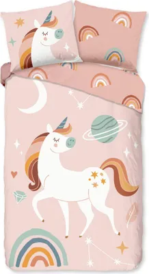 Produktbild von Guten Morgen KinderBettbezug "Einhorn, Planeten und Regenbogen" - Rosa - (140x200/220 cm) - Baumwolle 100% Flanell