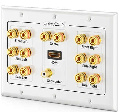 Produktbild von deleyCON Multimedia Lautsprecher Boxen Wanddose Anschlussdose Wandplatte mit Bananenstecker-Buchsen & 1x HDMI Buchse für 7.1 Surround Sound System und Subwoofer Heimkino