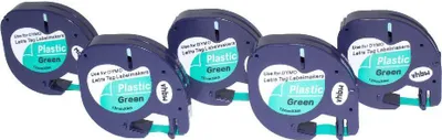 Produktbild von vhbw 5x Schriftband-Kassette kompatibel mit Dymo LetraTag LT-100H, 2000, LT-100T, Plus LT-100H, 200B Etiketten-Drucker 4m x 12mm Schwarz auf Grün