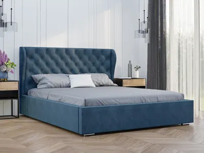 Obrázok produktu pre GRAINGOLD Čalúnená posteľ 180x200 Florencia - Podstavec pod posteľ a lamelový rošt - Čelo postele Chesterfield - Modrá (Vogue 13)