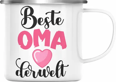 Produktbild von Trendation - Für Die Beste Oma Der Welt Emaille Tasse Geschenk Geschenkidee Von Enkel Enkelin Herz (Silber)