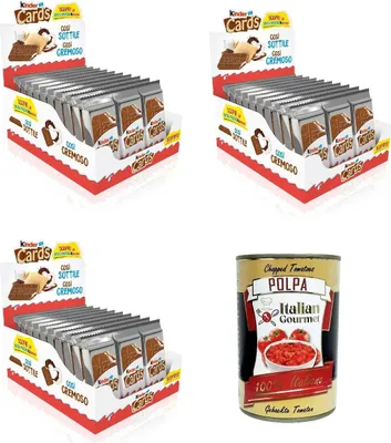Produktbild von 3x Kinder Cards Waffel mit scholokade schoko riegel 30 Stück kekse waffel 768 g + Italian Gourmet polpa 400g
