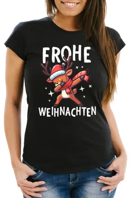 Produktbild von Damen T-Shirt Frohe Weihnachten Lustig Weihnachtsshirt Dabbing Weihnachtsmotiv Frauen Fun-Shirt Moonworks® Rentier Dab schwarz L