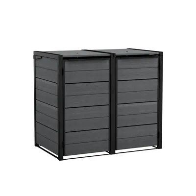 A product shot of a double trash bin enclosure with a wood-like texture.