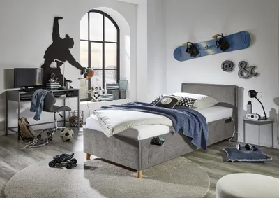 Produktbild von Meise Möbel Kinderbett FUN 90x200 cm | Bettkasten & Lattenrost | Webstoff Grau | Holzfuß eichefarbig