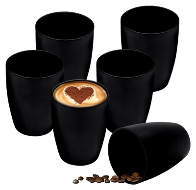 Produktbild von Schwarze matte Porzellan Kaffeebecher ohne Henkel - 6er Set - Tassen für Kaffee und Tee mit 350 ml