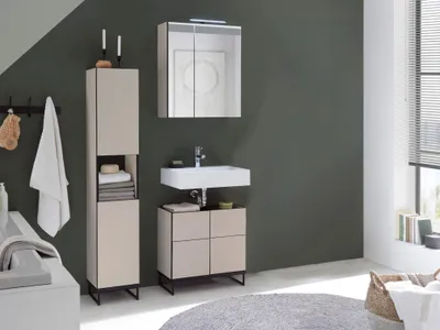 Produktbild von Badezimmer Badmöbel Set 2 VENEZIA kaschmir Hochschrank Spiegelschrank Wbu 60 cm