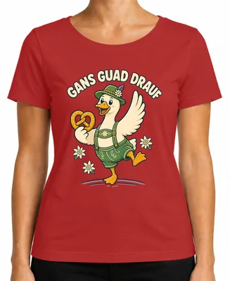 Imagen del producto de Camiseta de mujer, estilo bávaro, para , con motivos de Gans Guad Drauf, color rojo, talla L. Incluye detalles como lederhosen (pantalones de cuero tradicionales) y dirndl (vestido tradicional). También puede incluir motivos de "Trachtenshirt" (camisa tradicional)