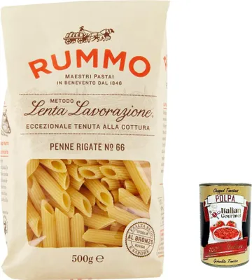 Produktbild von 5x Rummo Penne rigate N. 66 Hartweizengrieß Pasta Italienische Nudeln 500g Packung + Italian Gourmet Polpa di Pomodoro 400g Dose