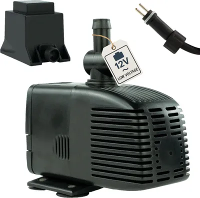 A black 12V water pump with a power adapter and a plug on a white background.