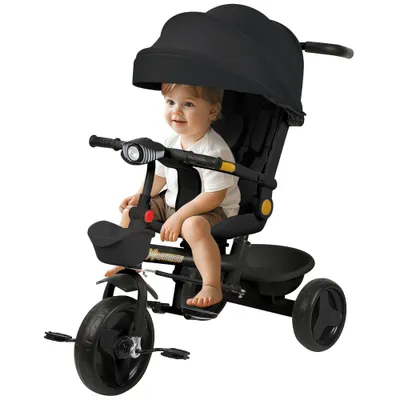 Produktbild von Dreirad 4in1 Kinderdreirad mit Schubstange,Buggy Fahrrad Kinderwagen mit Musik und Nachtlicht, Drehbarer Sitz, Lauflernspielzeug ab 1 Jahr (Schwarz)