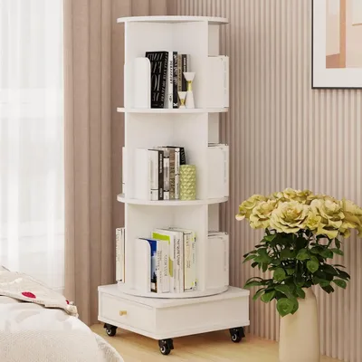 Produktbild von Drehbares Bücherregal,Bücherschrank Standregal mit Rollen 360° Frei Drehbares Bücherregal Multifunktionales Lagerregal für Kinder 40x40x110cm Weiß