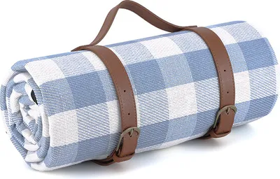 Produktbild von Picknickdecke 200x200cm, Stranddecke Wasserdicht Sandfrei Outdoor Decke Waschbar XXL Picknickdecken, Faltbar Strandmatte mit Schultergurt, ideal fš¹r Strand Park (Blaues-Wei?-Gitter)