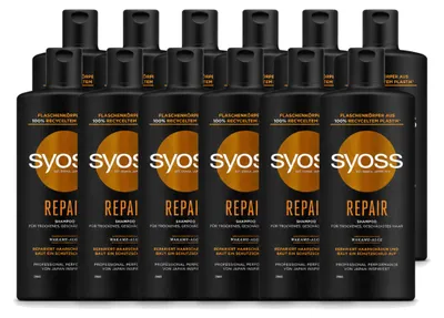 Immagine prodotto di 12 flaconi di shampoo Syoss Repair, per capelli danneggiati e fragili, da 440 ml ciascuno. Confezione , 12 pezzi