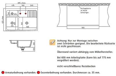 Produktbild von Elementspüle CENTRA 90 in SCHIEFER für bis zu 75 cm AP-Tiefe inkl. Excenterbedienung / systemceram / Keramikspüle