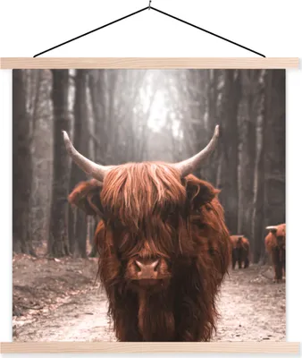 Produktbild von MuchoWow® Textilposter Schottisches Hochlandrind - Wald - Kuh - Tiere - Natur 60x60 cm mit holzfarbenen Rahmen - Wanddekoration