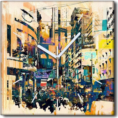 Produktbild von Coloray Uhr auf Leinwand 30x30 cm Wand Uhr Dekoration Wohnzimmer Segeltuch weiße Zeiger -Stadtstraßenabstraktion.