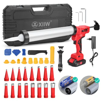 Produktbild von 25-tlg Set Akku Silikonpistole Kartuschenpresse 7840 N 500 W , 600ml /310 ml LED Kartuschenpistole Rückzug inkl. Spritzdüsen Silikonentferner Koffer