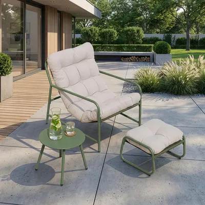 Produktbild von Gartenmöbel-Set 'Trerdfjoa' 3-tlg. mit Gartenstuhl Gartentisch und Fußhocker Metallgestell Hellgrün/Grau