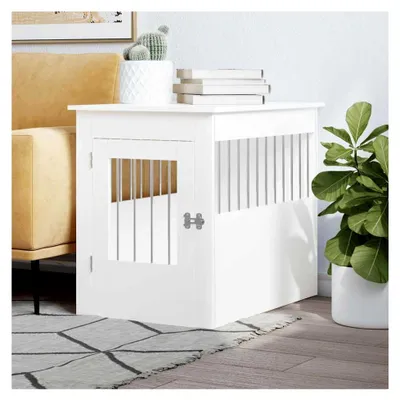 Produktbild von Hundekäfig im Möbelstil, abschließbare Hundebox mit Tür, Hundehütte Beistelltisch mit 2-in-1-Funktion, Hundehaus Haustierkäfig, Weiß 55x80x68 cm Holzwerkstoff