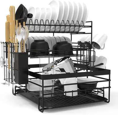 Image de Étagère de séchage à 3 niveaux, avec bac de récupération, en acier inoxydable, noire, pour la cuisine