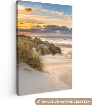 Produktbild von MuchoWow® - Leinwandbilder - Strand - Düne - Gras - Sonnenuntergang - Meer, Wandbild, Wanddeko Bilder Wohnzimmer, 40x60 cm