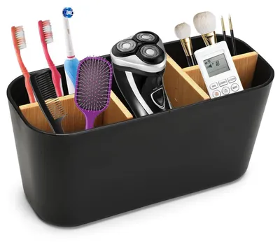 Immagine prodotto di Portaspazzolini nero con divisori in bambù, 4+1 scomparti | Organizzatore da bagno per spazzolini elettrici e dentifricio | 21x9x10 cm