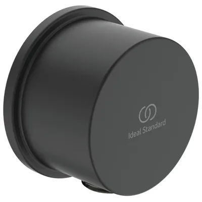 A black cylindrical shower hose connector with the Ideal Standard logo and text.