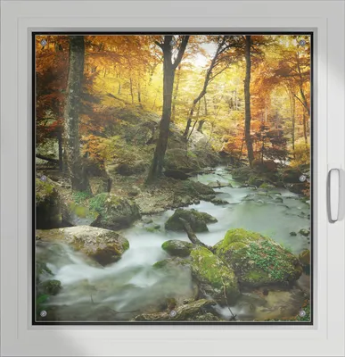 Produktbild von Wallario Lichtschutzbild, Dekorativer Sichtschutz Sonnenschutz 96 x 100 cm mit Motiv: Wasserfall mit moosbedeckten Steinen im Herbstwald - Verdunklung ohne Bohren