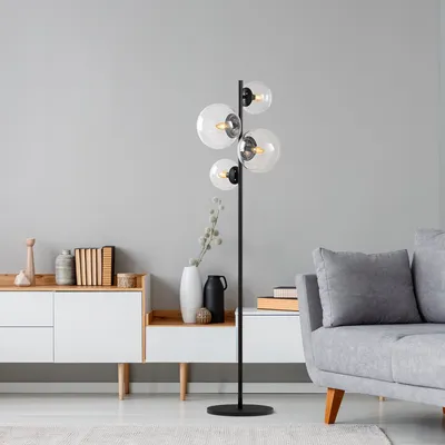 Produktbild von Opviq, Hochwertige Stehlampe, Metallkörper, Schwarz, 33 x 33 x 162 cm | 4 x E14 Fassung, max. 40 W | 2 Glaskappen (20 cm & 15 cm) | Modernes, industrielles Design für jeden Raum.