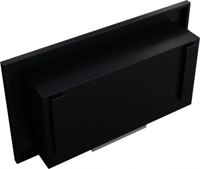 A black bioethanol fireplace viewed from a diagonal top-down angle, showcasing its rear mounting structure.