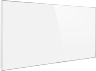 A white infrared heater with a silver frame, shown from a diagonal angle against a white background.